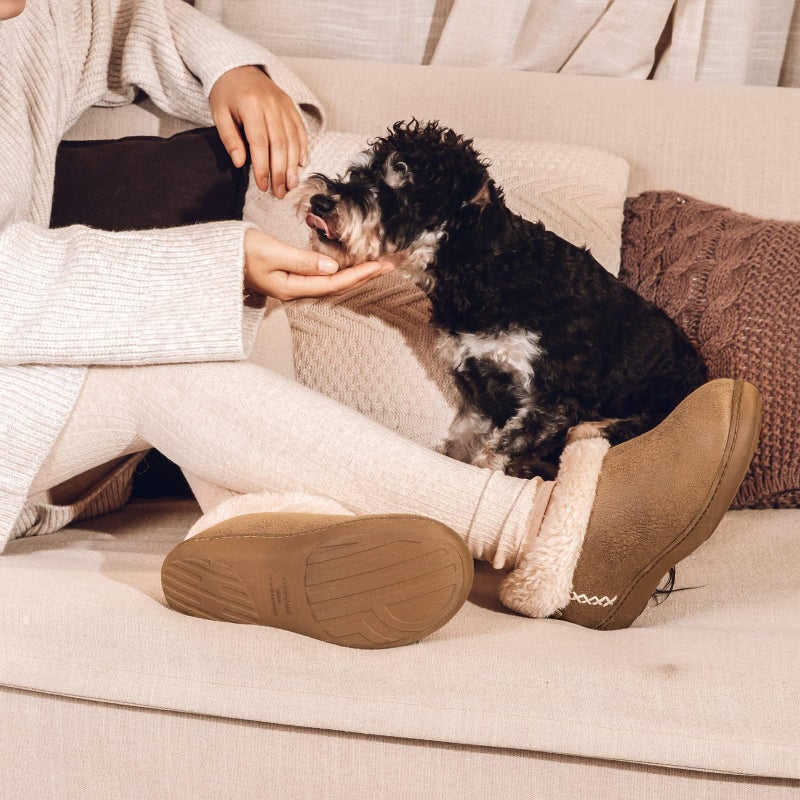 EverFoams Women's Microsuede Cozy Memory Foam Winter Slippers with Fuzzy Faux Fur Collar and Indoor Outdoor Rubber Sole (Tan, Size 9-10 M US) - Image 2